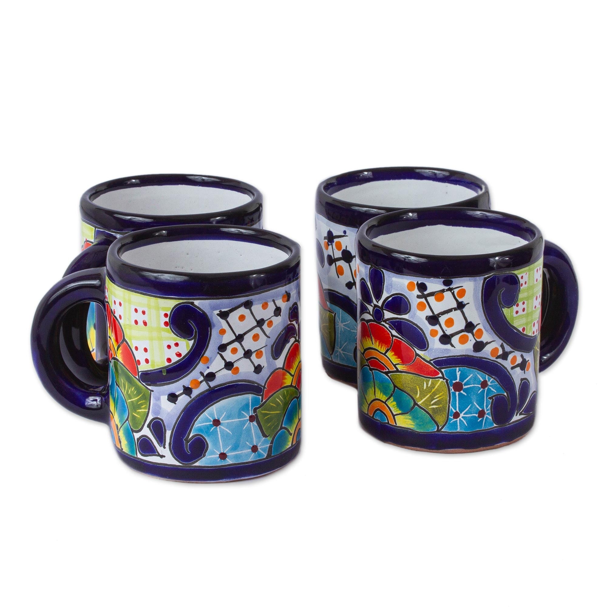 Raining Flowers Four Mexican Talavera Style Floral Ceramic Mugs
