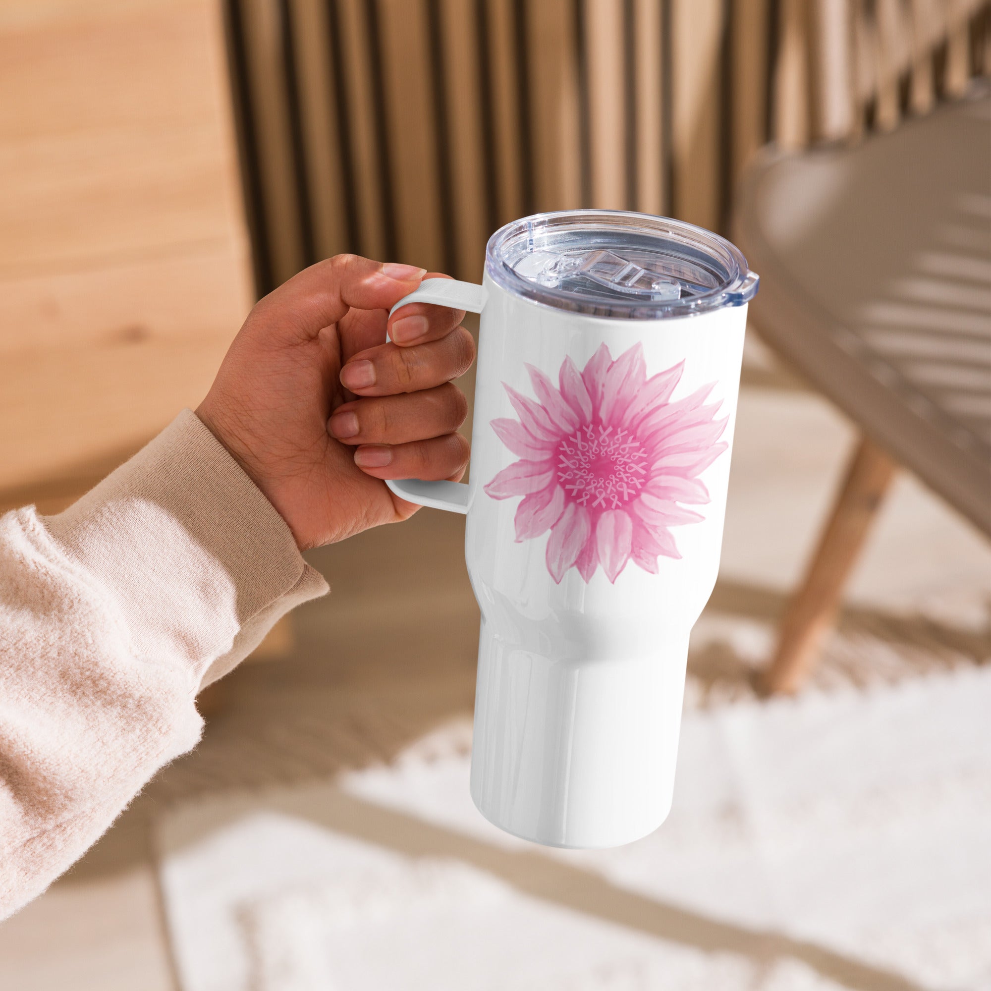 Pink Ribbon Sunflower 25oz Handle Tumbler Travel Mug
