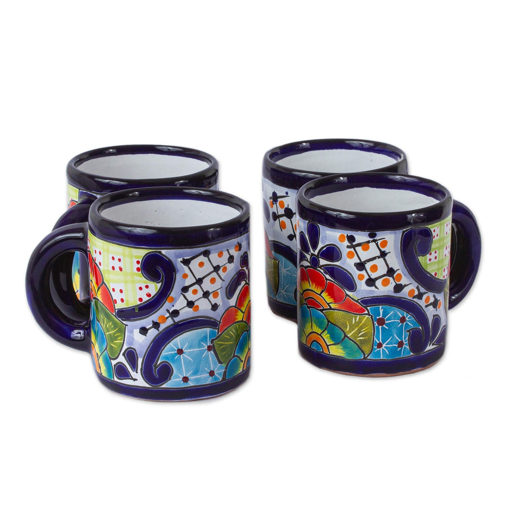 Raining Flowers Four Mexican Talavera Style Floral Ceramic Mugs