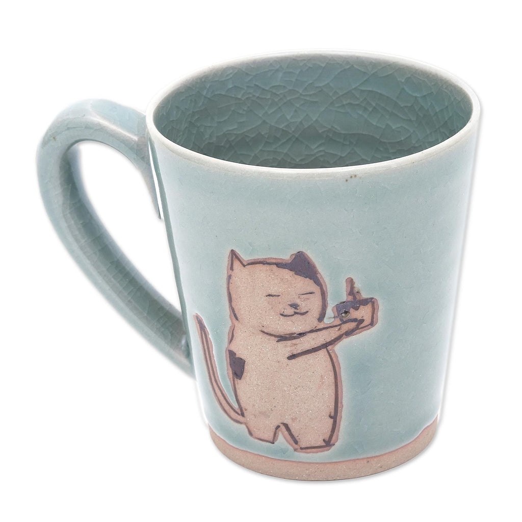 Just For You Adorable Celadon Ceramic Kitty Mug